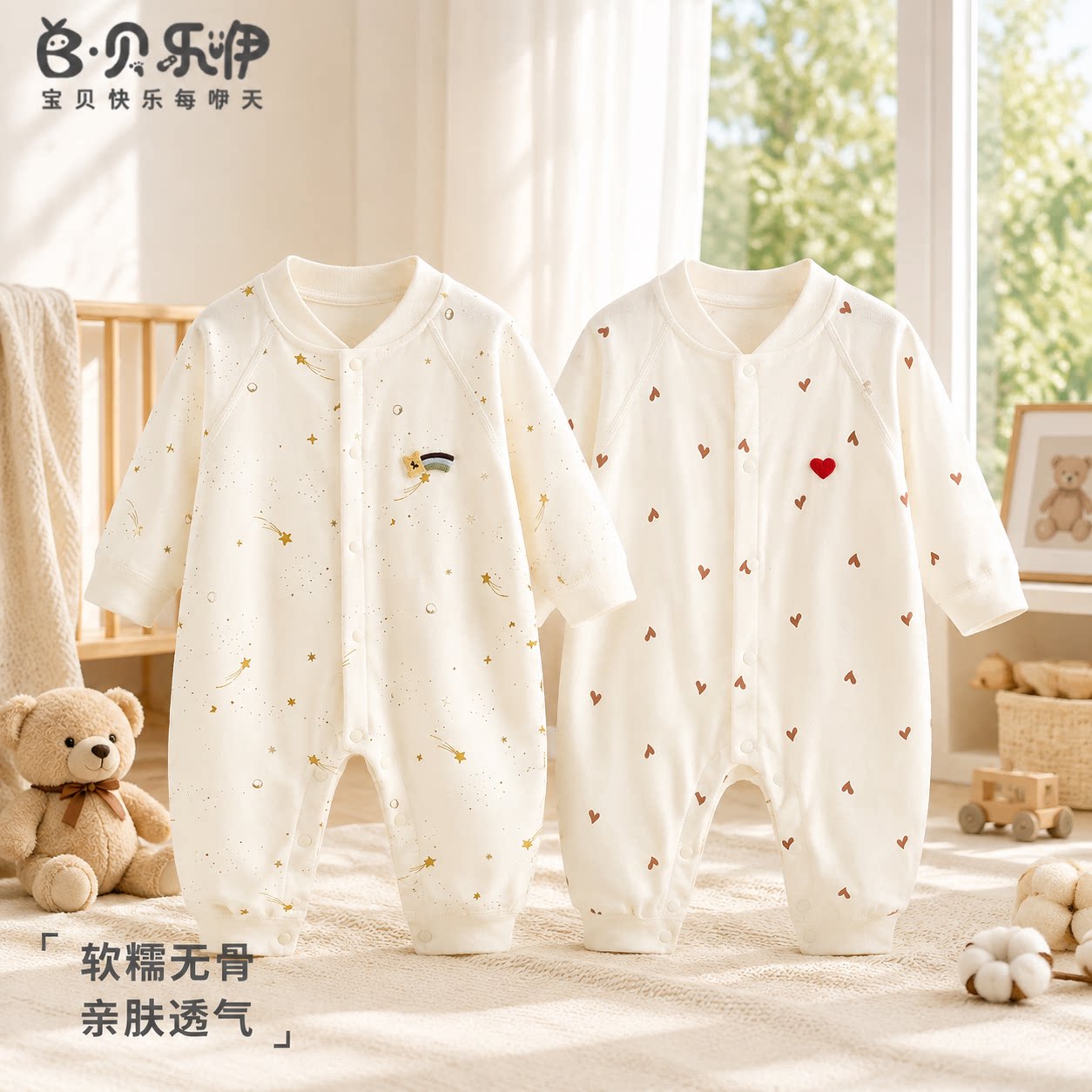 贝乐咿婴儿连体衣秋季长袖哈衣宝宝对襟按扣护肚衣服新生儿睡衣
