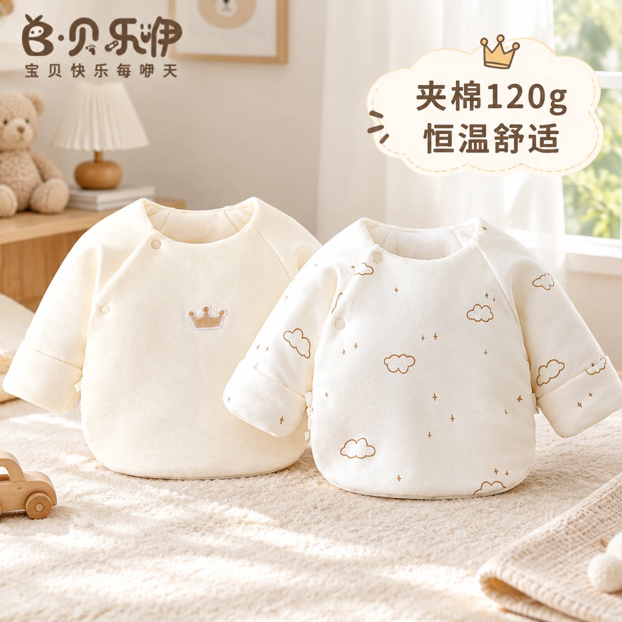 贝乐咿新生儿半背衣秋冬季加厚保暖长袖上衣宝宝120g夹棉打底衣服