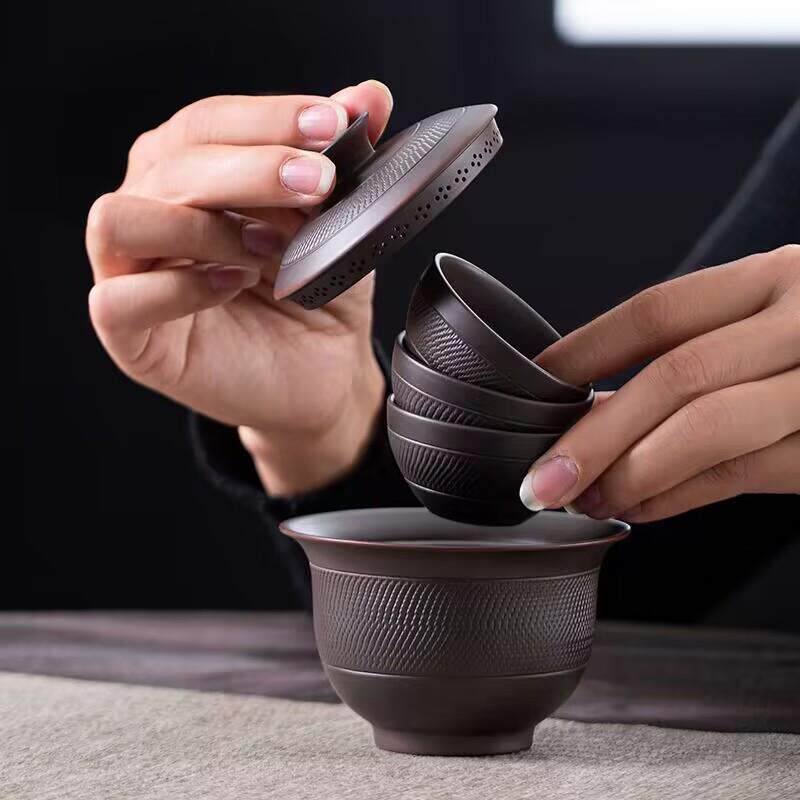 红泥紫陶盖碗快客便携式旅行茶具一壶三杯三才盖碗家用套装手抓壶
