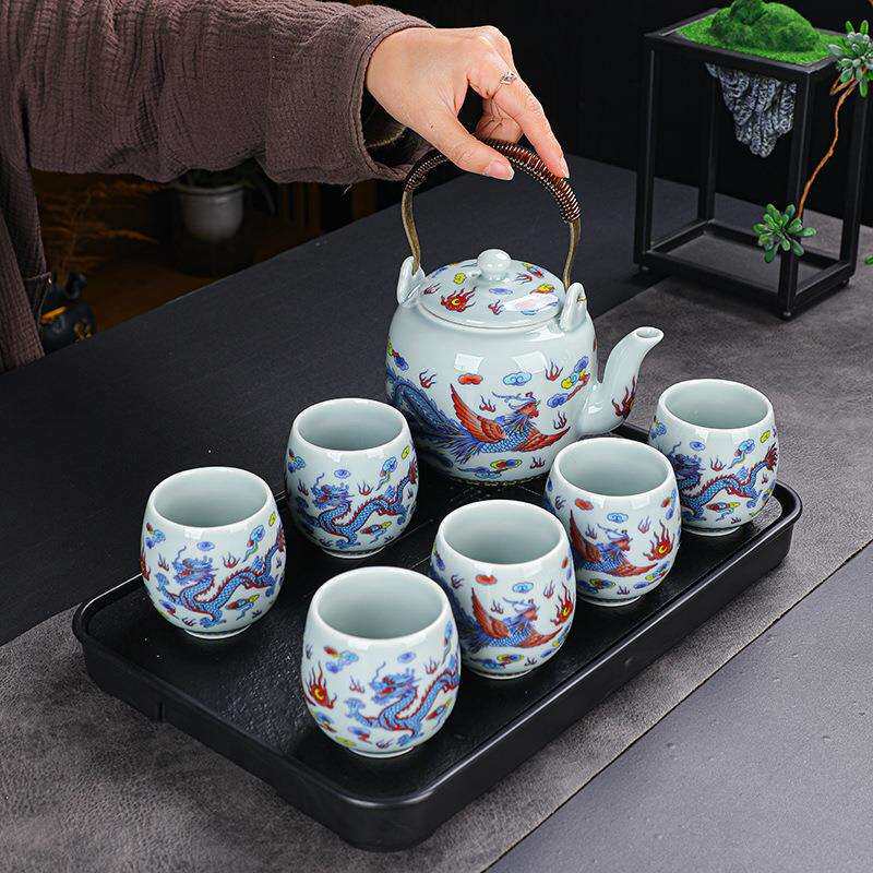 龙凤呈祥高档复古提梁壶茶具套装大茶壶茶杯一壶六杯带过滤网整套