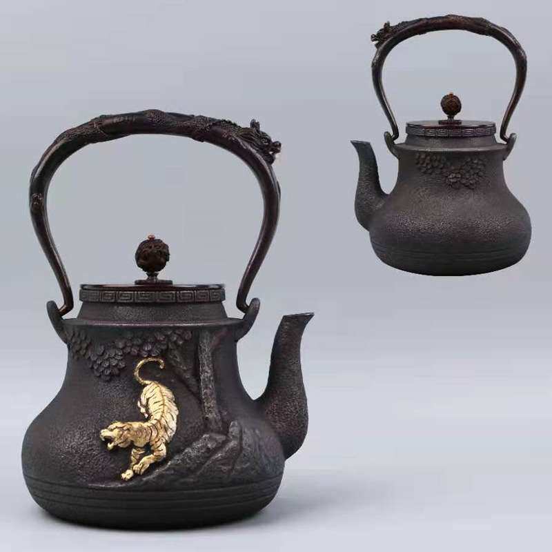 典工堂铁壶原铁无涂层鎏金松林虎啸铸铁壶烧水壶家用铜提梁铜盖
