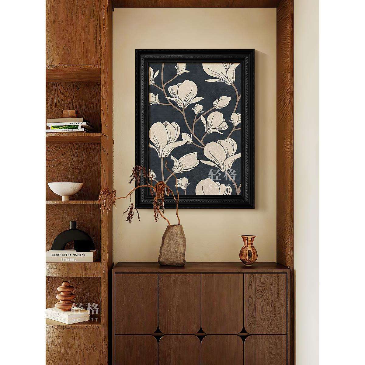 白玉兰纯手绘油画复古餐桌客厅墙壁挂画中古风植物花卉玄关装饰画