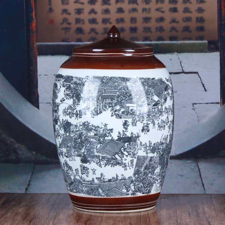 景德镇陶瓷米缸酒坛 仿古请明上河图陶瓷酒坛陶瓷米缸储物罐摆件