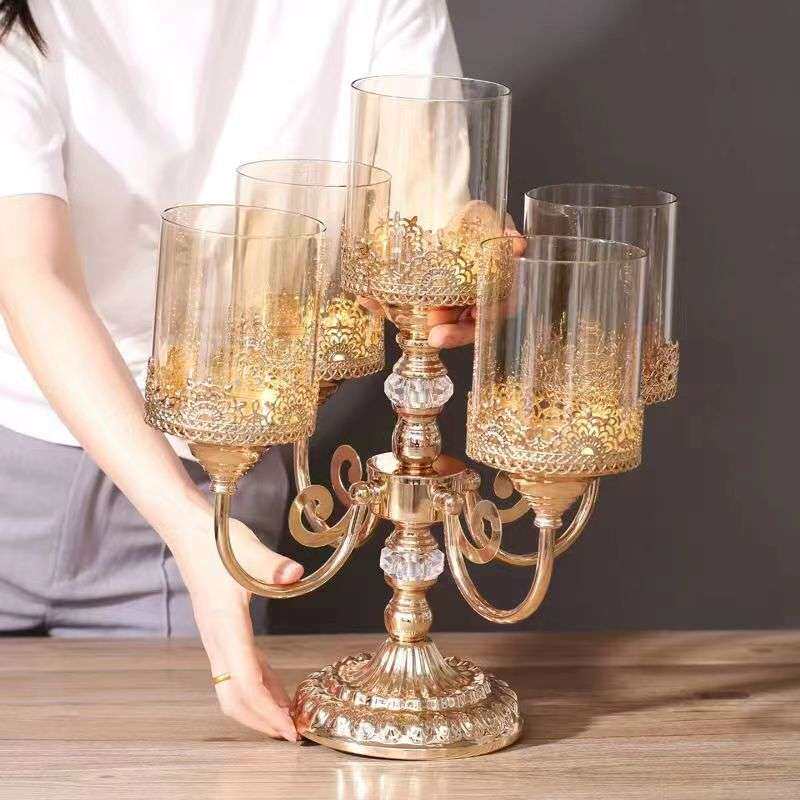欧式金属五头烛台铁艺蜡烛台金色复古蜡烛杯水晶装饰工艺品摆件