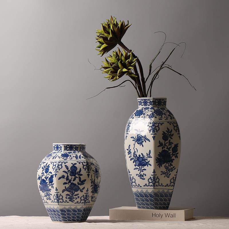 中式青花瓷海水纹折纸花果纹装饰品 陶瓷花瓶创意插花摆件 三件套