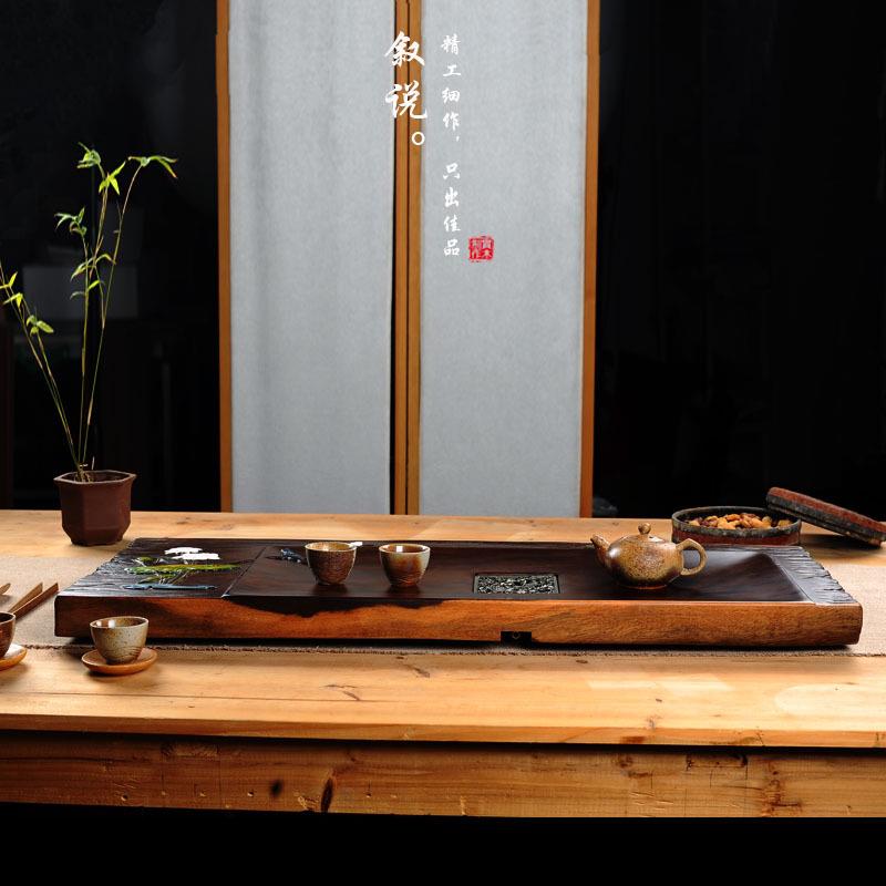 手绘茶盘黑檀木实木原木整块茶道茶具功夫家用客厅茶海彩绘大茶台
