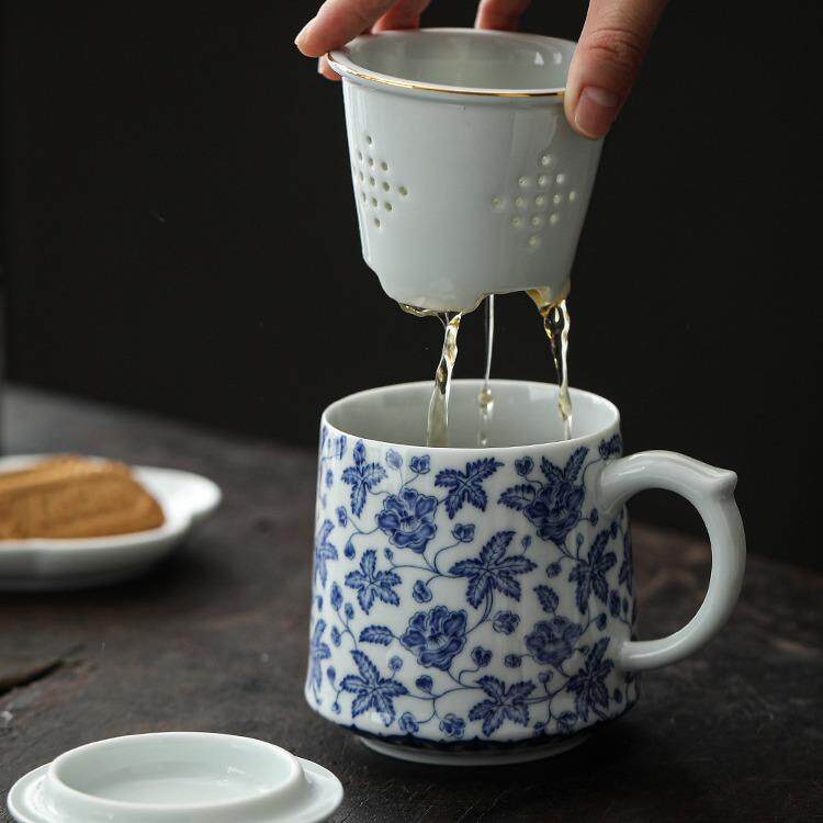 白瓷青花秋葵百川茶杯中式陶瓷茶水分离办公杯个人专用泡茶杯