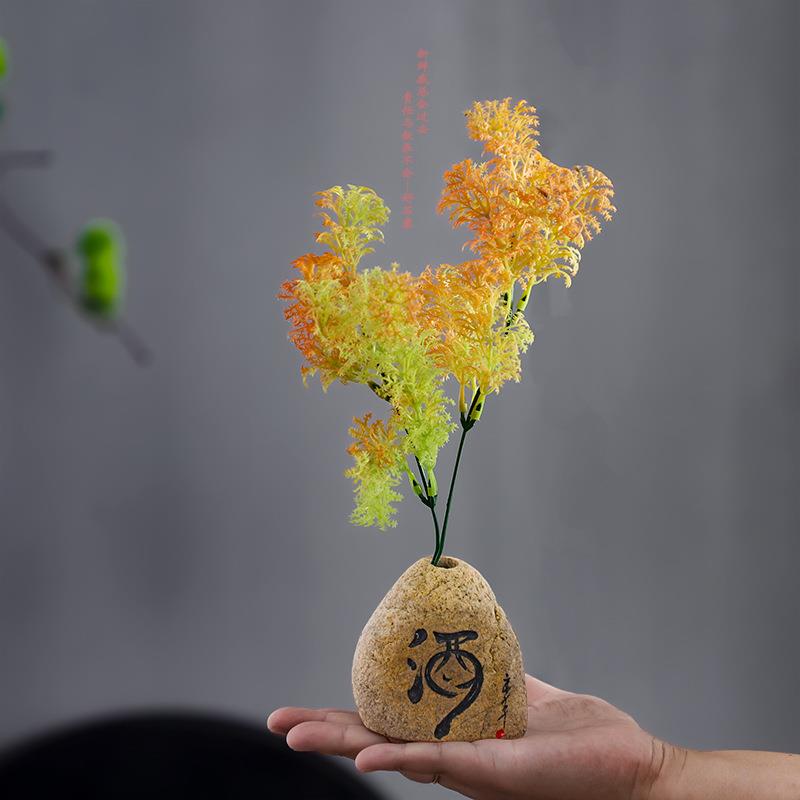 石头底座花瓶 菜品盘饰摆盘装饰品 意境菜创意家用客厅桌面石摆件