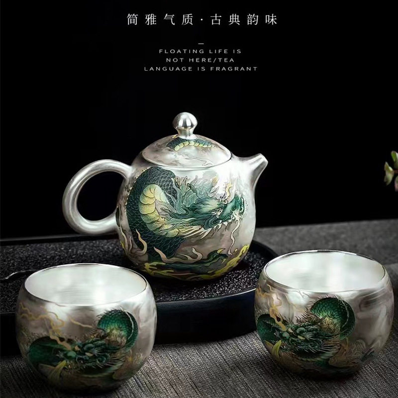 龙年新款纯手工银上作画一壶二杯送礼茶具套装瓷鎏银养生茶壶盖碗