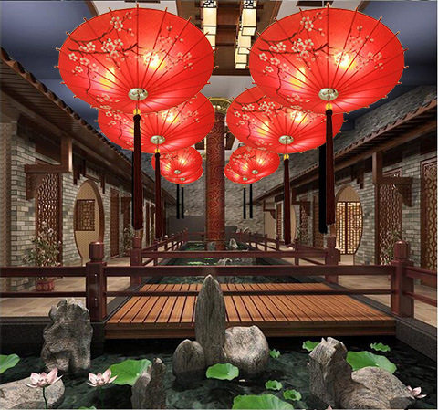 中式仿古手绘国画布艺吊灯餐厅