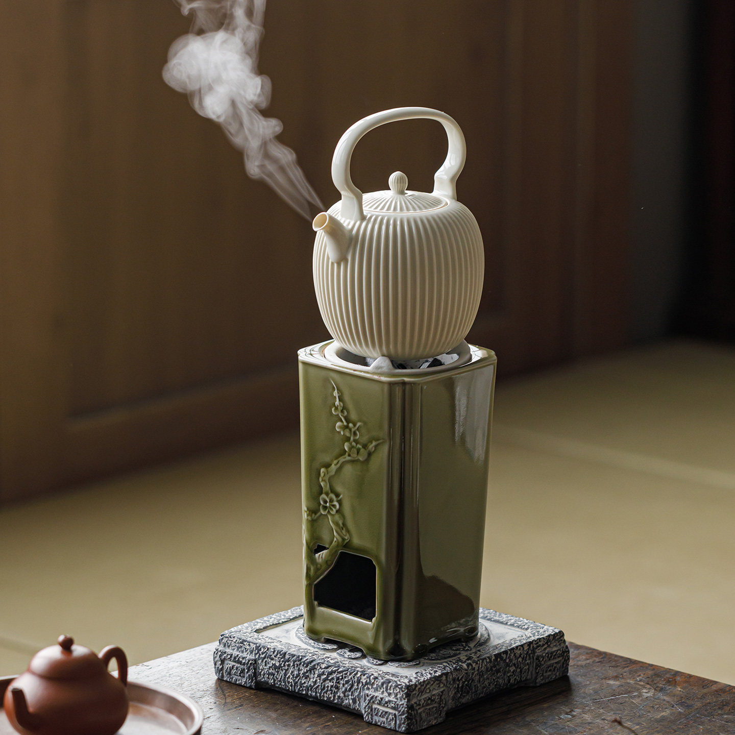 观岚梅花四方风炉炭炉煮茶炉小型火炉煮茶器苏打釉提梁壶烧水壶