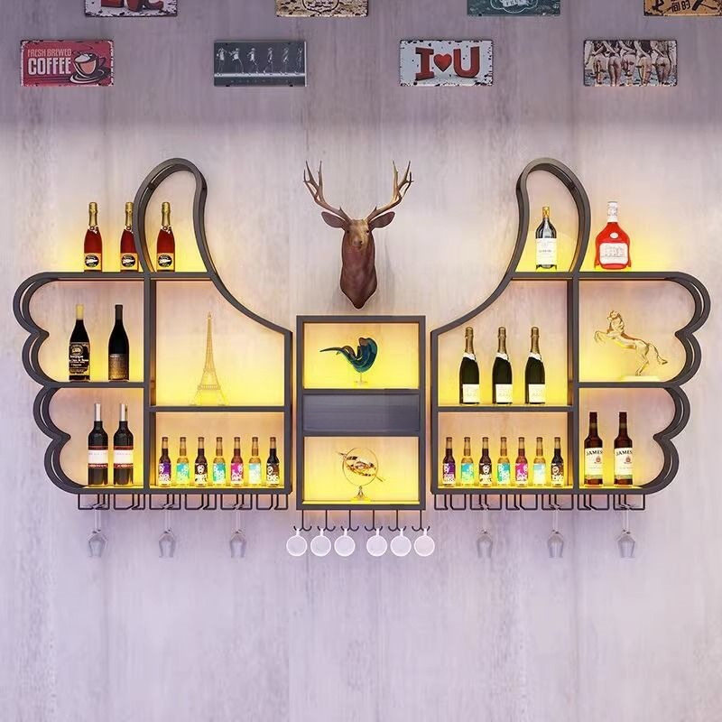 酒吧台酒柜置物架壁挂餐厅创意墙上红酒架展示架发光铁艺挂墙酒架