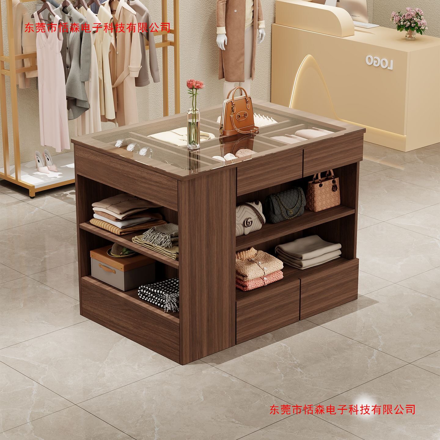 中岛服装店展示台玻璃女装收银台流水摆件饰品展示陈列储物柜吧台