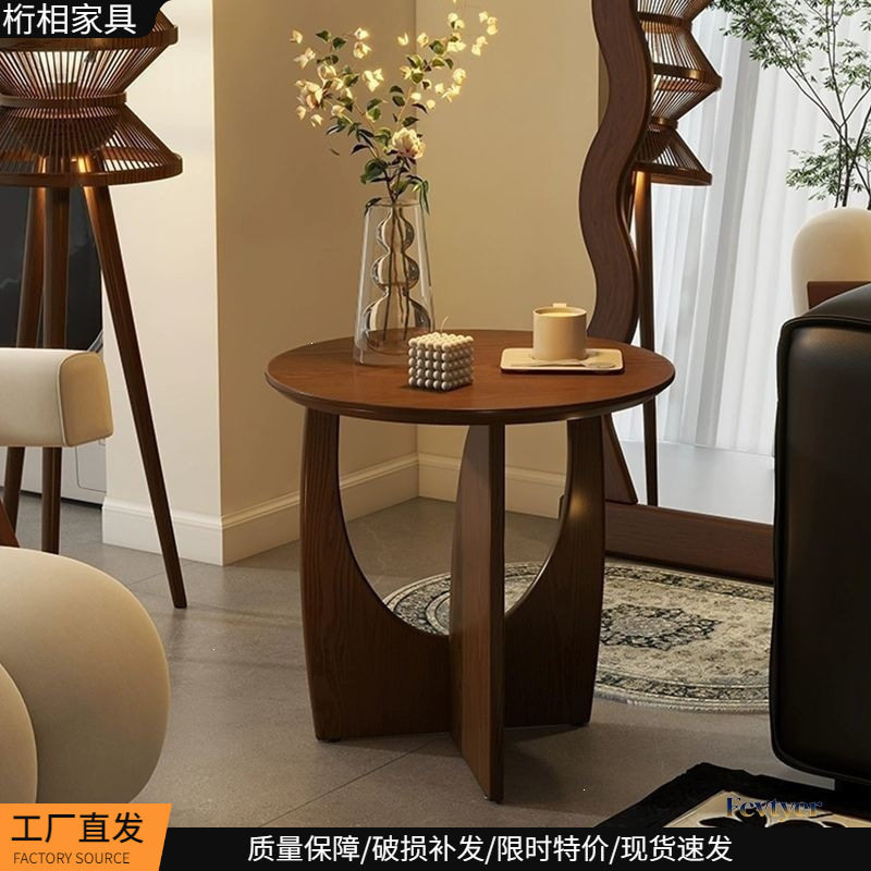美式实木小茶几客厅阳台中古风边几角几可移动法式茶桌复古小圆桌