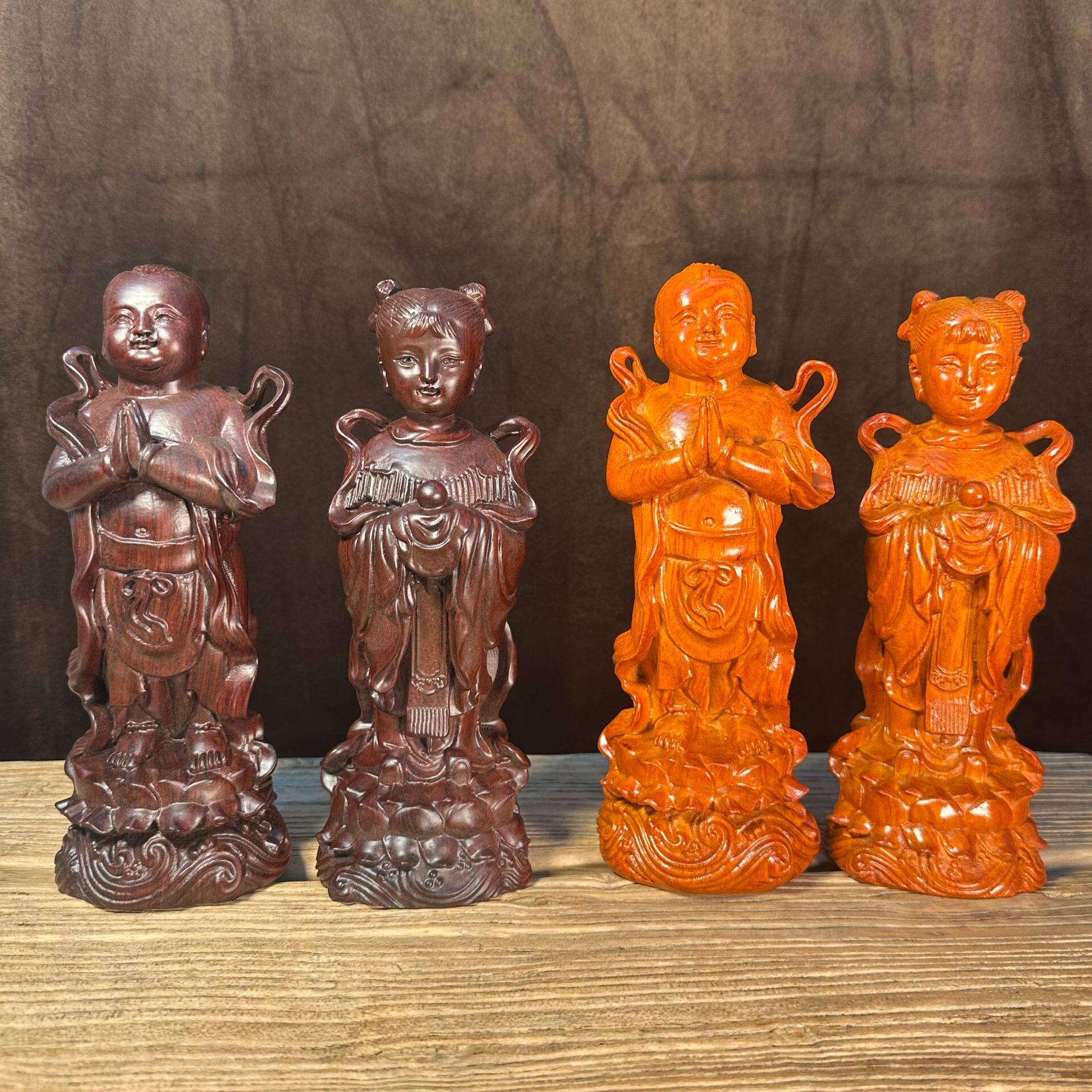 花梨实木雕刻金童玉女摆件供奉