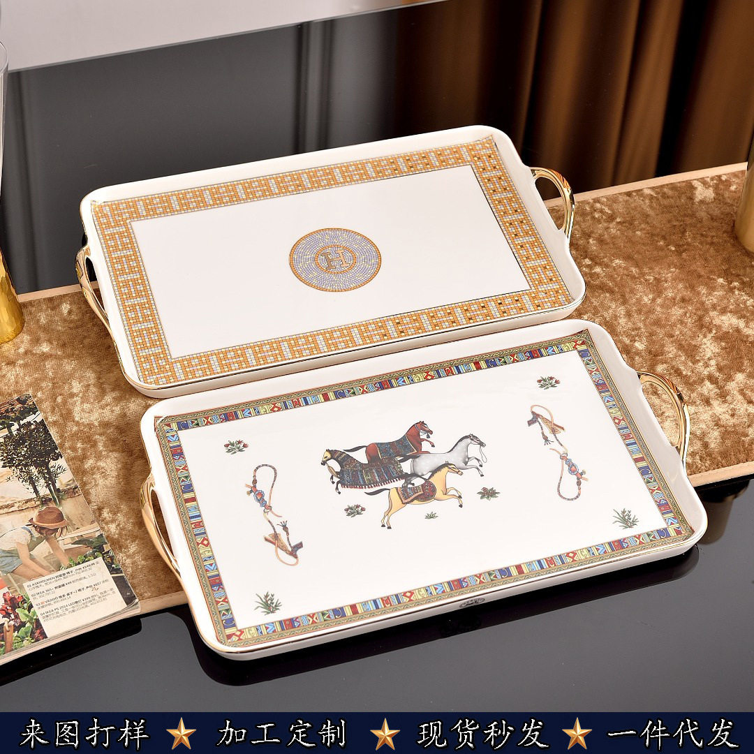 欧式陶瓷长方形H蛋糕托马图双耳描金茶杯收纳盘茶几桌面装饰收纳