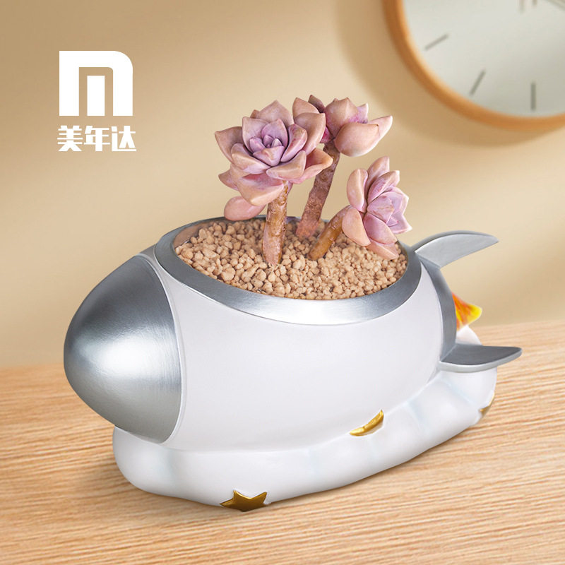 火箭树脂桌面小花盆阳台园艺微景观多肉绿植花器盆栽容器星空银