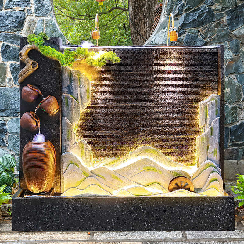 欧式水幕墙流水屏风水轮隔断喷泉摆件大型落地招财假山养鱼池水景