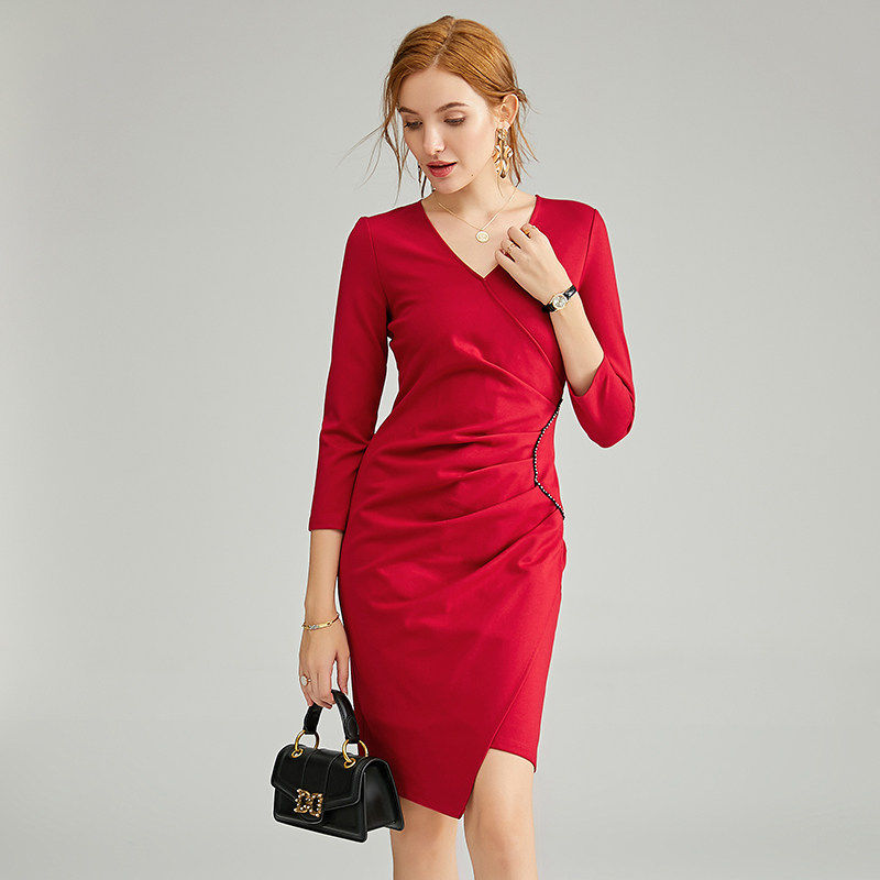 奈昕让您穿着漂亮个性化私人订制 62932连衣裙V领七分袖包臀御姐