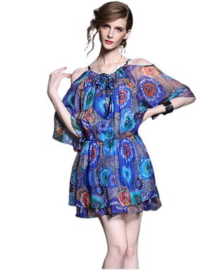 奈昕个性化私人定制6278欧美范时装新款露肩网纱印花拼接dress连