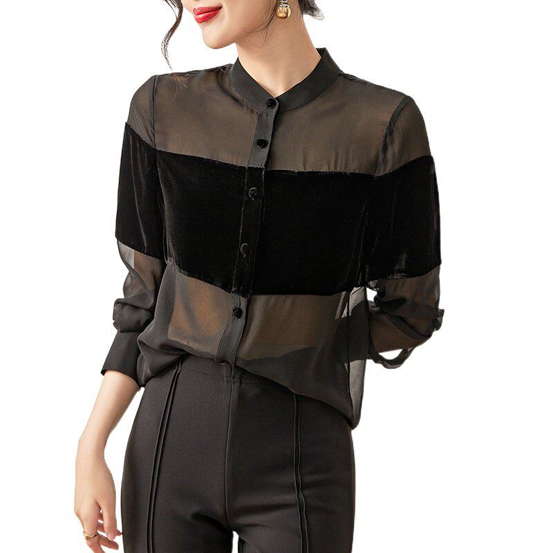 衬衫黑色南油女装轻薄透视82576正品高级感时尚上衣秋季丝绒拼接