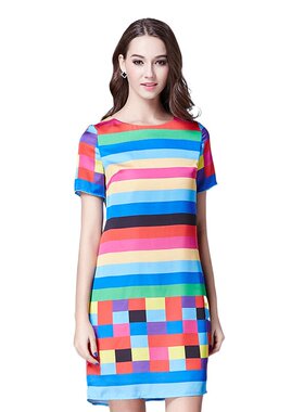 奈昕个性化私人定制22025气质女dress短袖彩虹色印花修身连衣裙韩