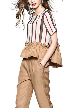 奈昕让您穿着漂亮个性化私人订制 35104 条纹大码荷叶边T恤上衣纯