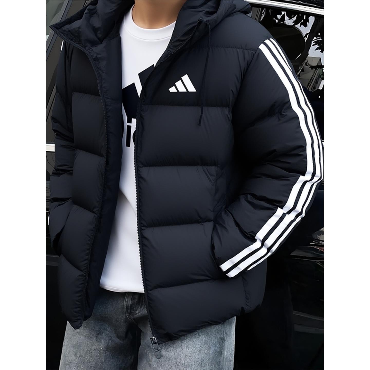 阿迪达斯男冬季宽松三条杠美式抗寒防风鸭绒羽绒服KH3987 KC2487