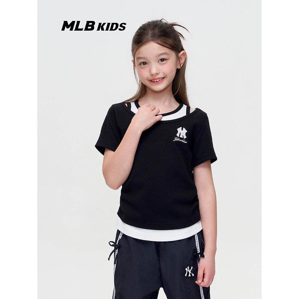 MLB儿童短袖26新款女子NY假两件甜酷圆领舒适运动T恤7FTSB3863