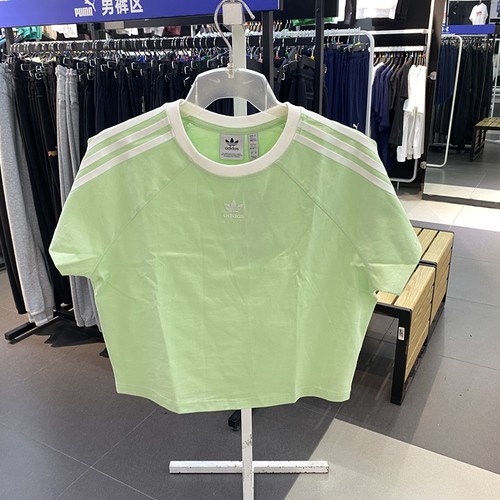阿迪达斯三叶草女经典三条纹多巴胺夏季高腰短袖T恤JC8705 JC8706