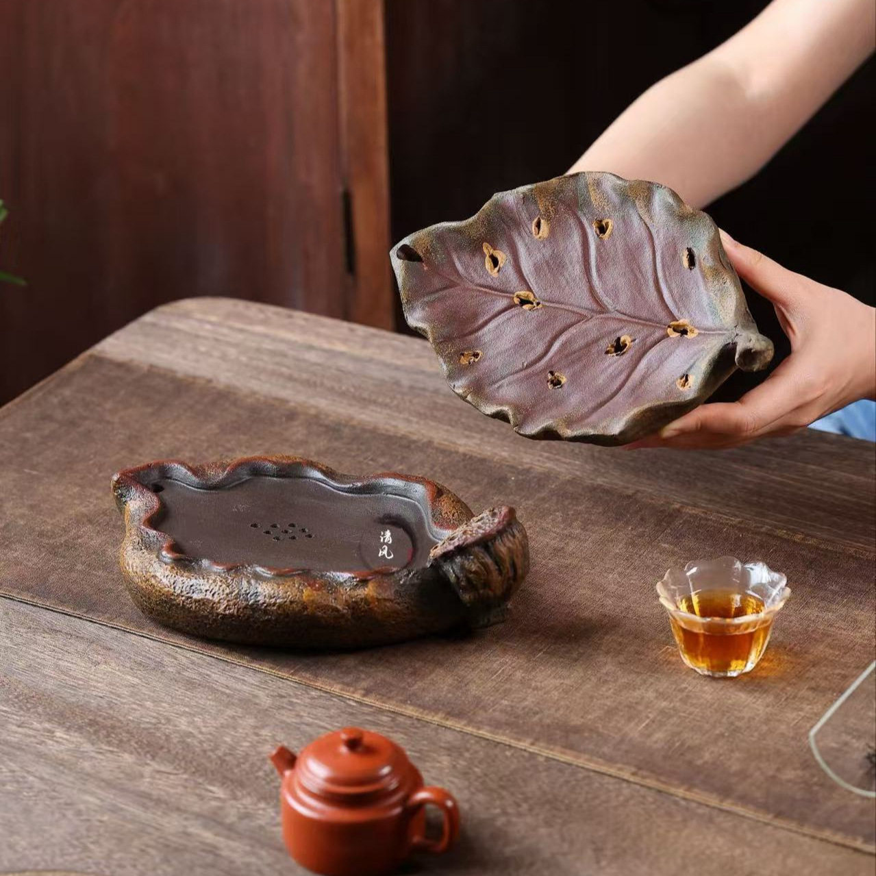 宜兴紫砂【仿生莲蓬树叶壶承】双层储水干泡台家用养壶托茶盘百搭