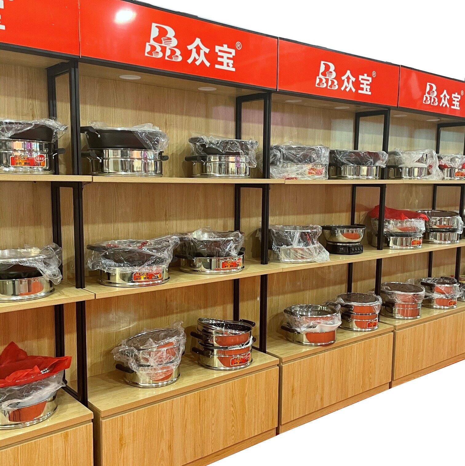 新款小家电货架展示架带灯箱钢木多功能展台木纹电器单边柜带地柜