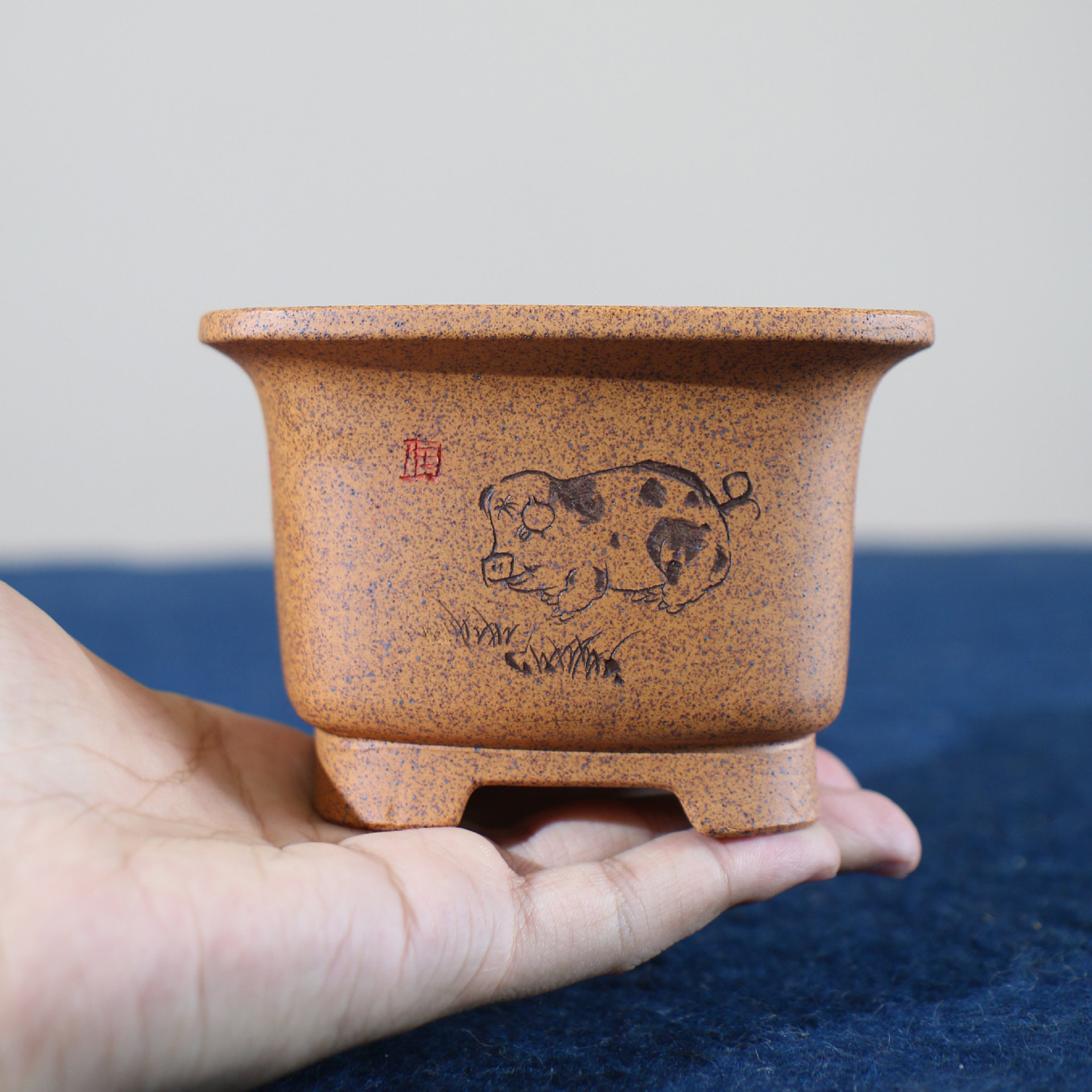 紫砂花盆手工盆景盆正方形苏兵柴烧猪招财进宝刻绘名家盆四方盆
