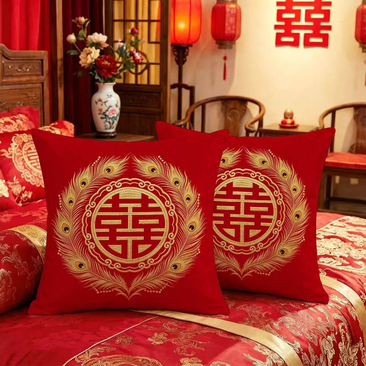 结婚中国风印花红喜字抱枕婚礼装饰沙发靠枕婚房布置靠垫枕套图片