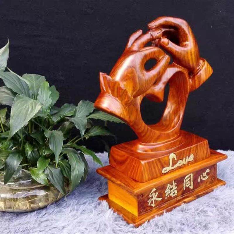 草花梨木质工艺品永结同心国潮婚嫁喜庆摆件家居中式