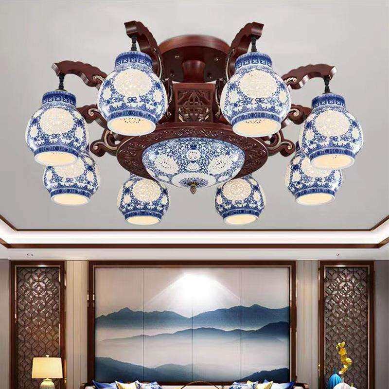 中式客厅吊灯别墅茶室仿古实木灯具中国风古典大气卧室餐厅陶瓷灯