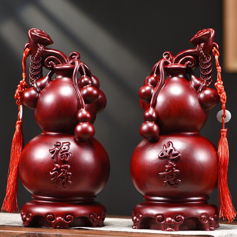 红色实木雕刻葫芦摆件福禄如意中式家居客厅电视柜风水装饰工艺品
