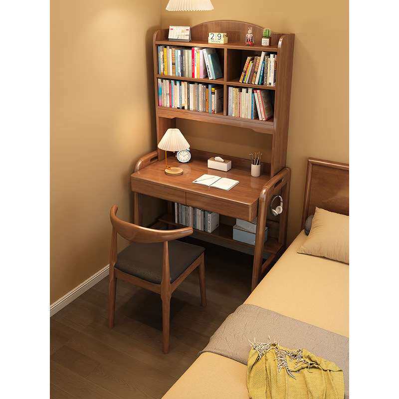 实木书桌书架一体桌简约现代家用学生电脑桌小户型卧室升降写字桌