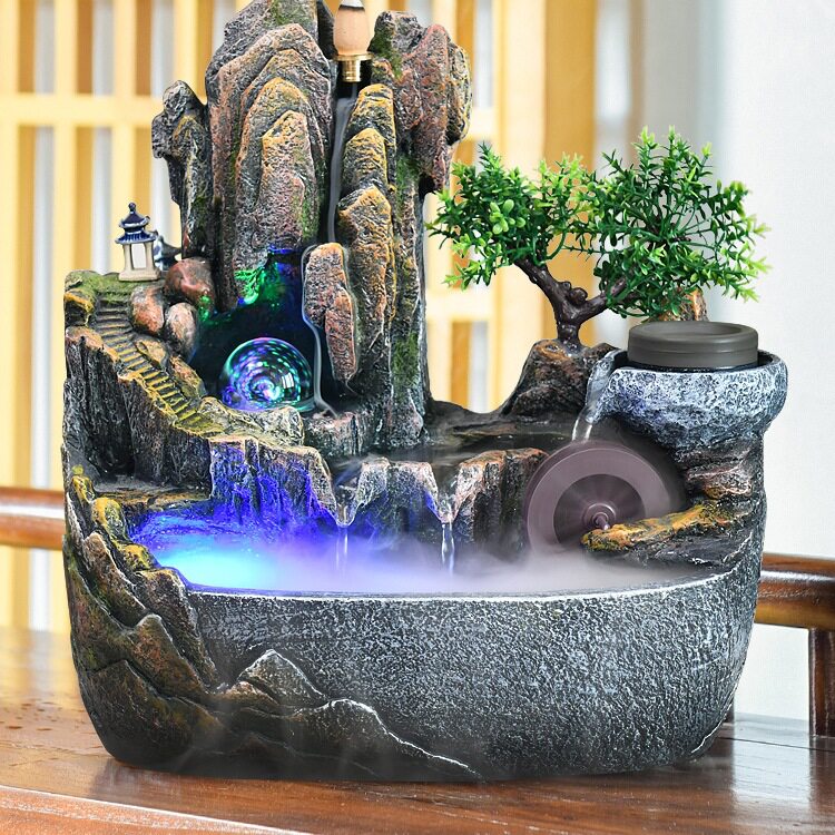 高山流水摆件假山景观喷泉客厅水车风水轮招财室内装饰品循环水景