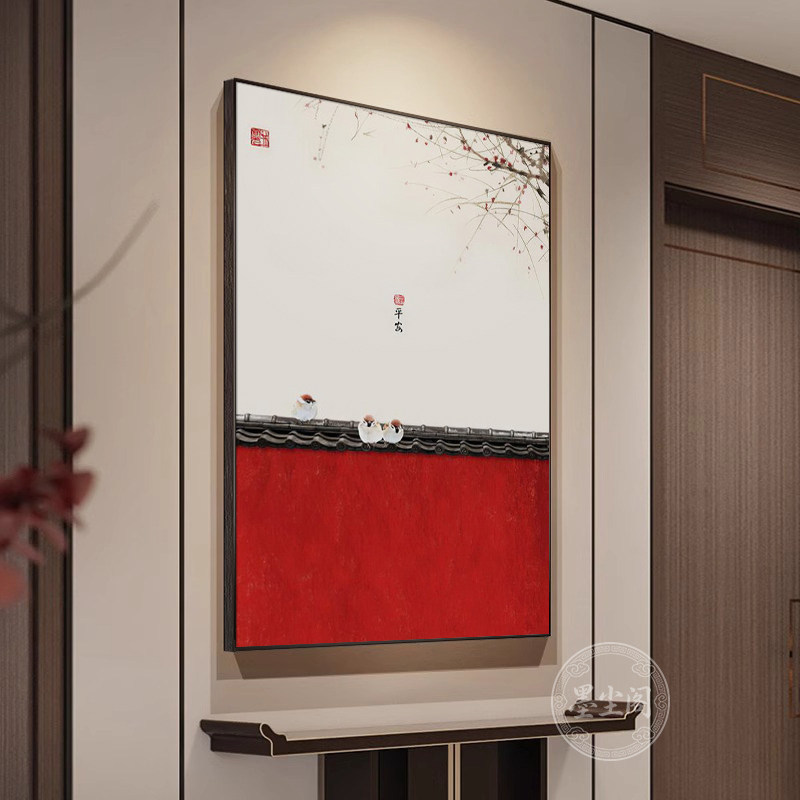 新中式客厅装饰画中国风红色梅花挂画玄关茶室禅意水墨建筑壁画框