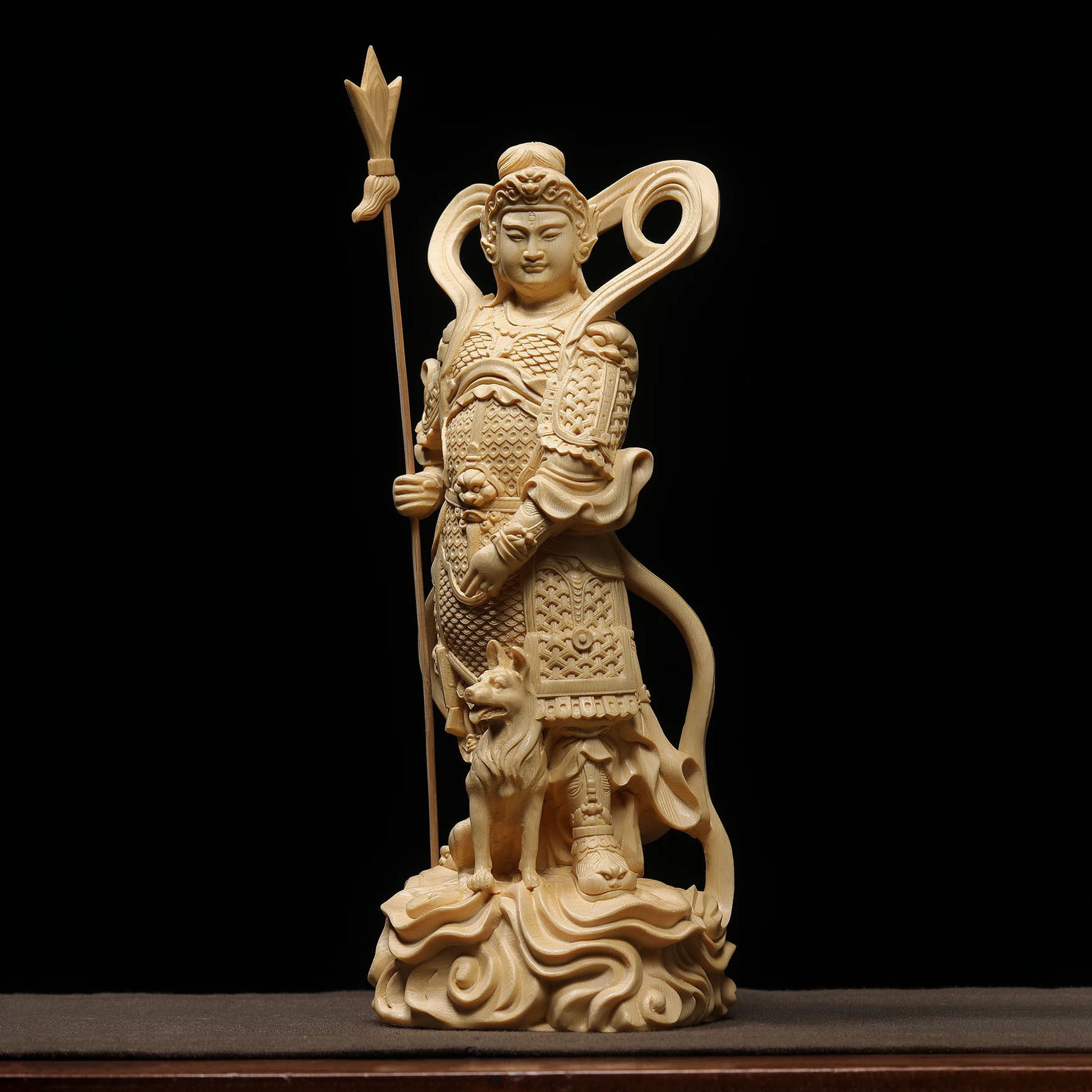 桧木精雕杨戬二郎神真君神像哮天犬摆件家居办公装饰品实木工艺品