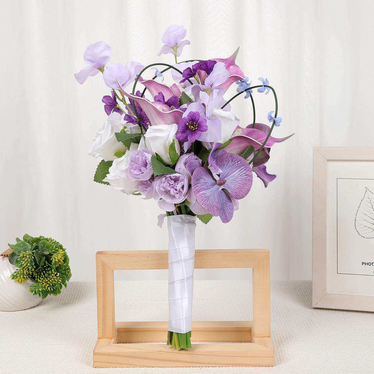 欧式梦幻紫色手捧花仿真玫瑰马蹄莲混搭花束婚礼新娘手捧花束