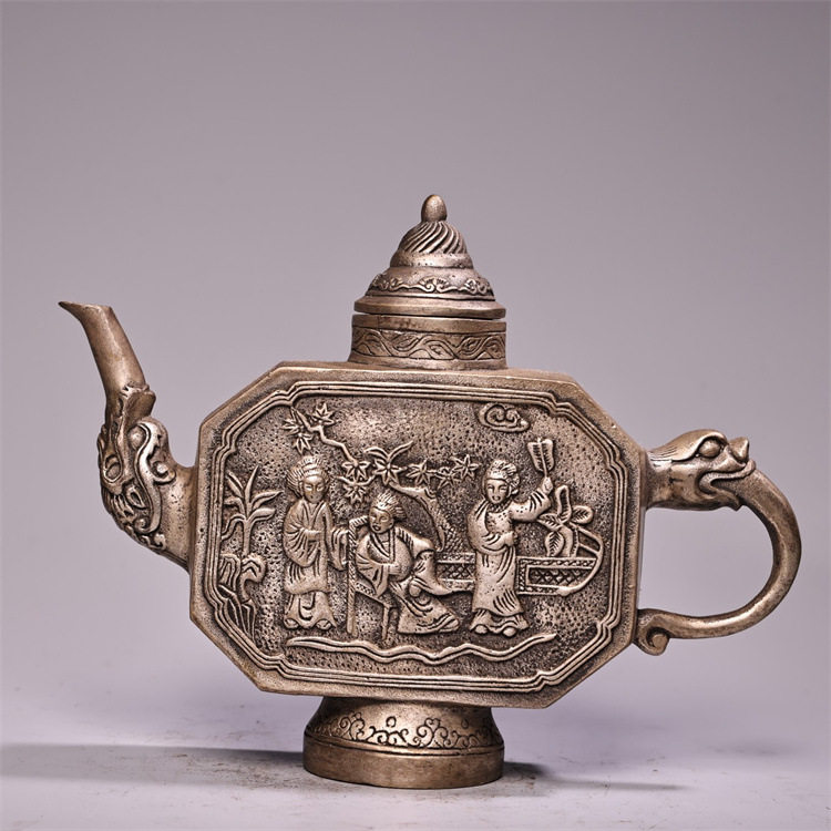 古玩铜壶古风摆件人物图大观园浮雕 铜壶铜茶壶 高浮雕鎏银酒壶