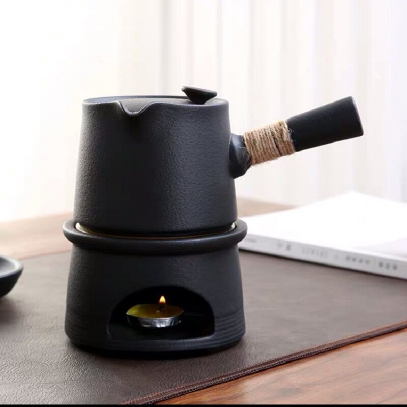 日式粗陶温茶座陶瓷煮茶器麻绳提梁壶加热茶具套组家居日用茶具