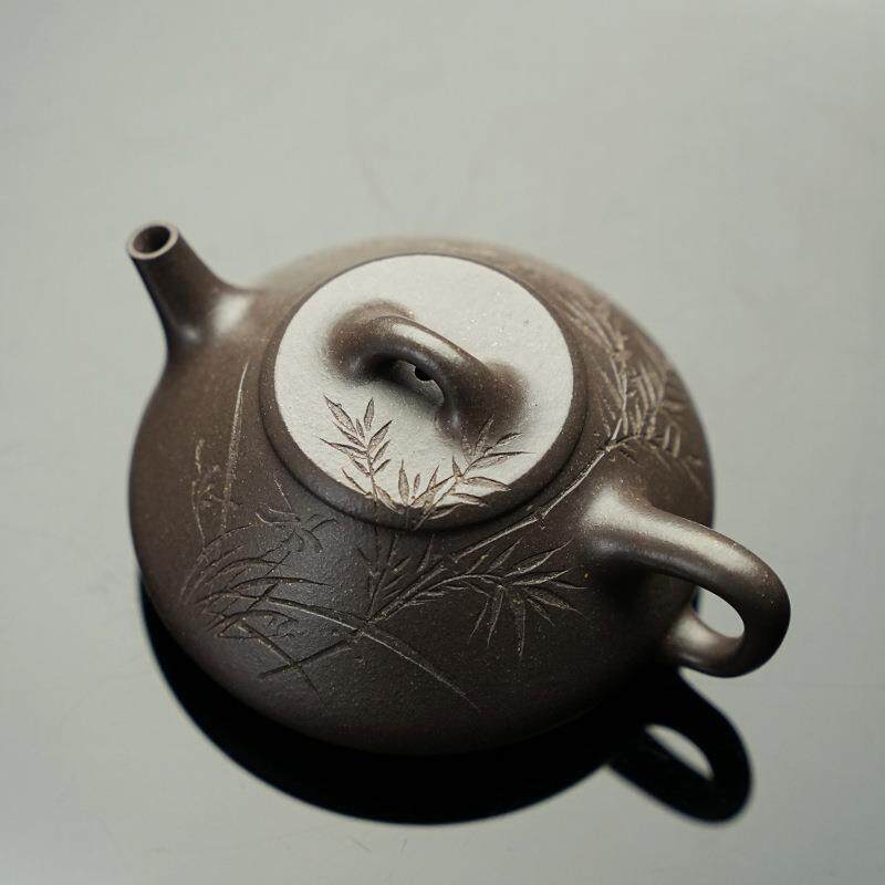 宜兴紫砂壶 刻竹叶石瓢原矿紫泥260毫升家用泡茶壶茶具