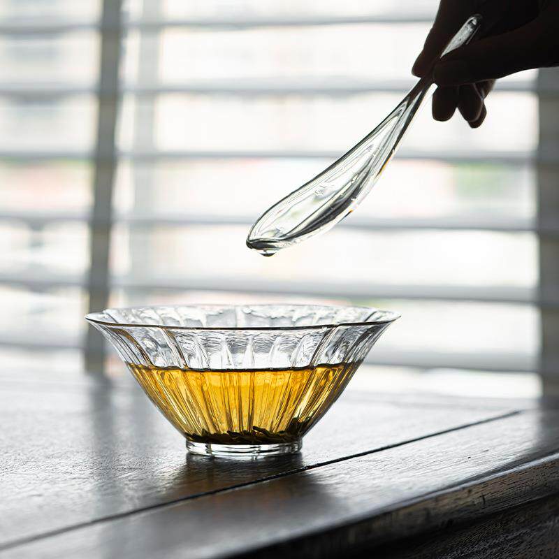 绿茶花瓣泡茶碗两件套高硼硅泡茶器耐高温斗笠碗龙井茶汤匙品鉴碗