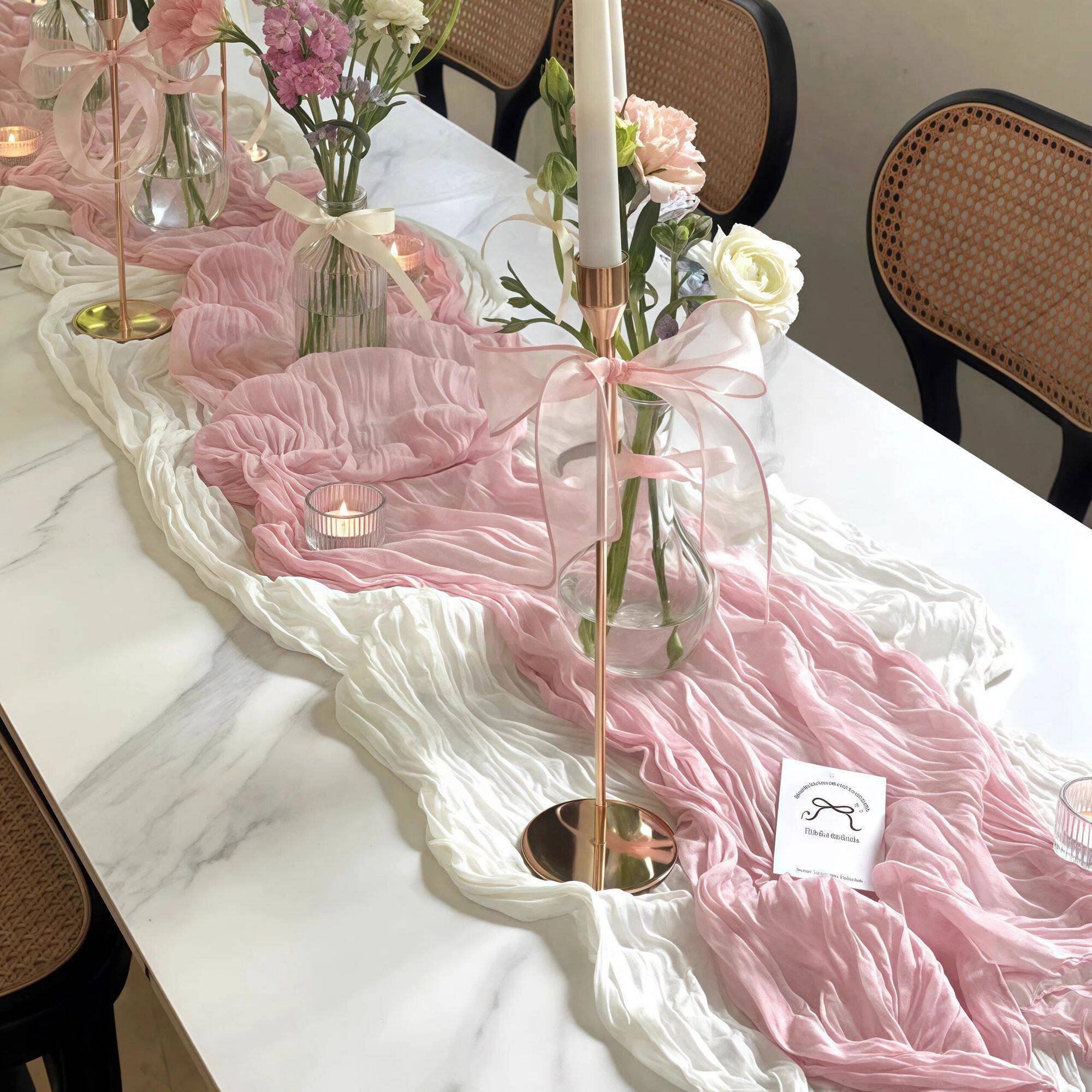 巴厘纱邹布桌旗婚庆派对装饰美人纱幔米色甜品台装饰餐桌粉色桌布
