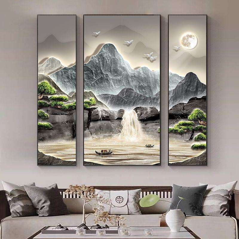 中堂画客厅组合三联挂画新中式农村堂屋大气山水装饰画聚宝盆壁画
