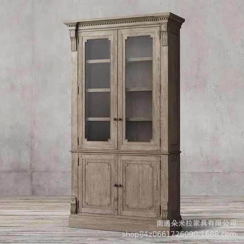 美式乡村原木实木双门雕花餐边柜客厅落地展示柜多功能收纳柜
