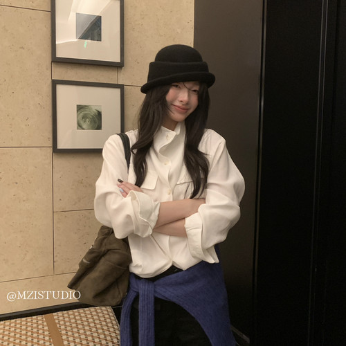 MZI STUDIO-盐系小韩秋日天丝小众立领钮扣设计感气质小女人衬衫